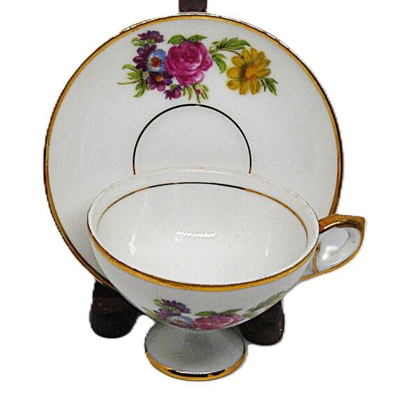 Crossed Sword & Arrow Other - Rare Footed Floral Gold Trim Coffee Chocolate Tea Cup Saucer Crossed Sword Arrow
